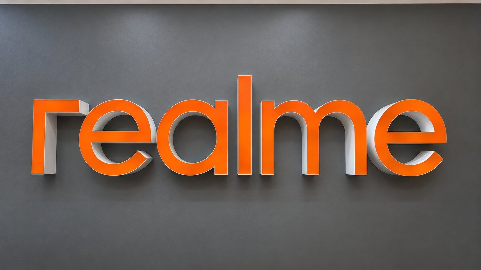 Realme Orange 3D Sign on Charcoal Wall
